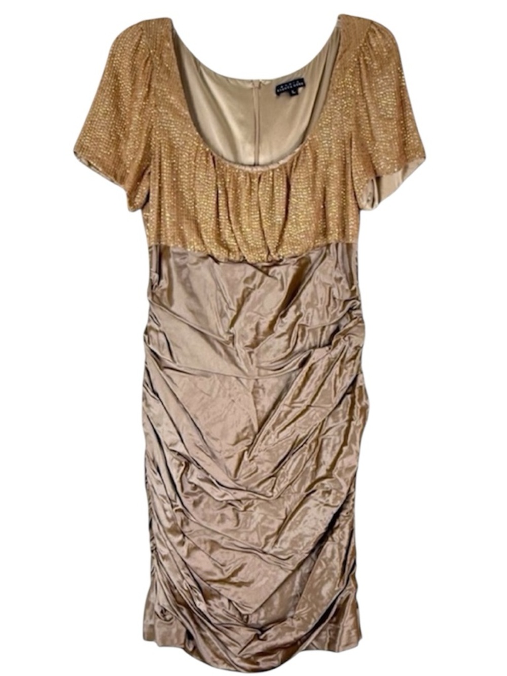 NWT Maria Bianca Nero Gold Sequin Silk Dress Tan Ruched Skirt Size L
